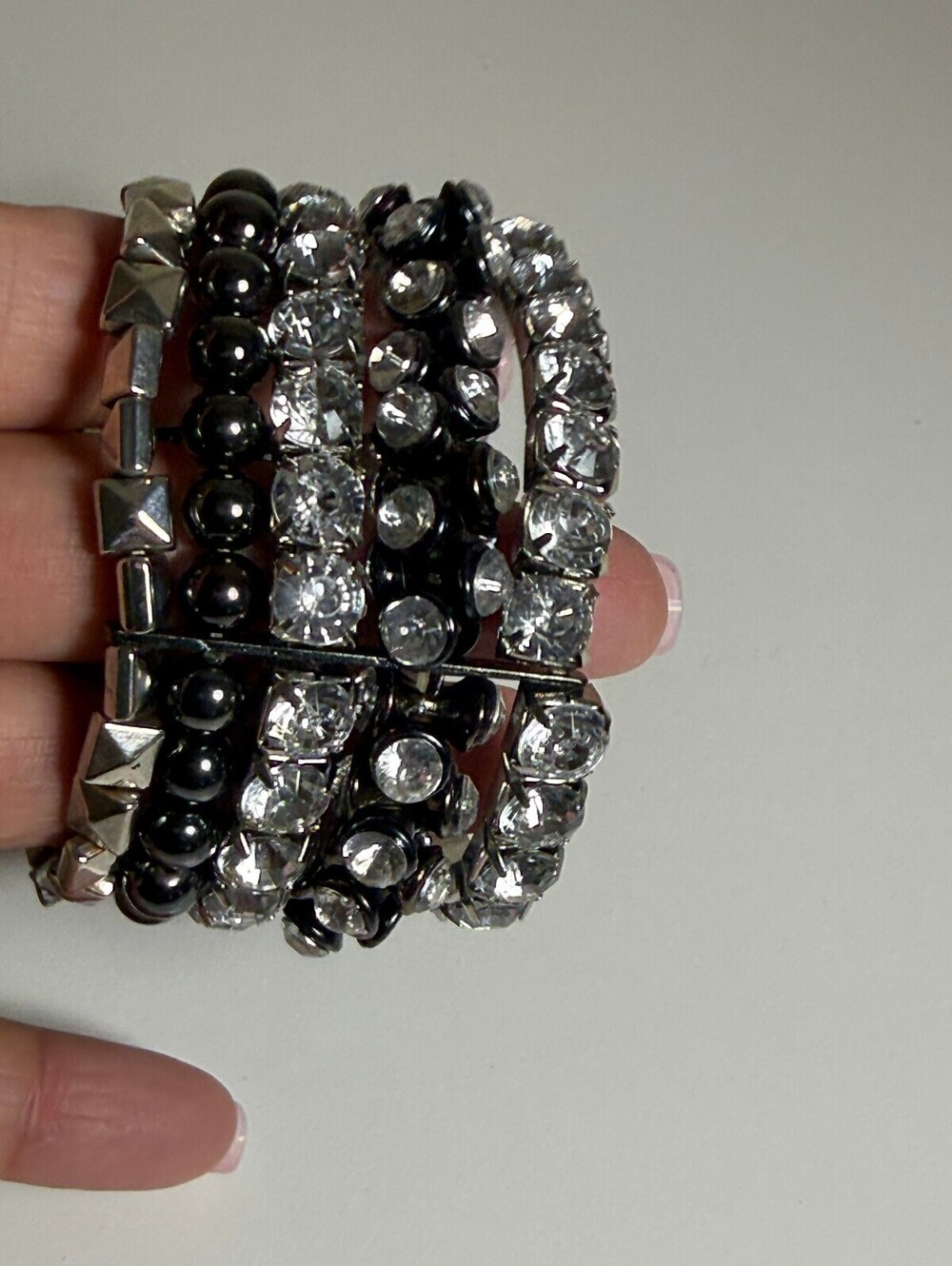 Multi-Strand Black and Silver Rhinestone Stretch Bracelet